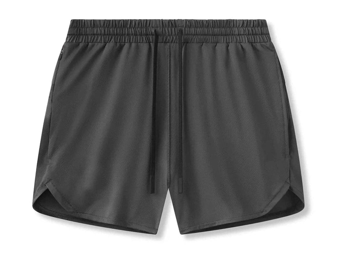 Dark gray athletic shorts flat lay with elastic waistband and drawstrings