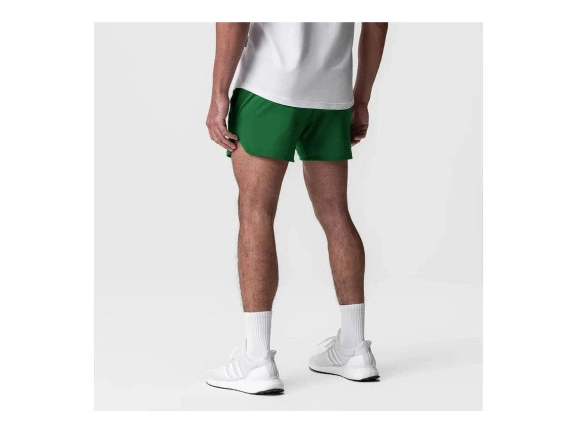 Rear view of green men's gym shorts with straight cut and drawstrings