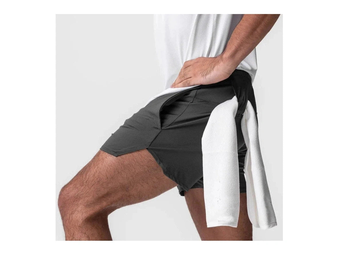 Dark gray men's gym shorts with high-rise fit and side pocket detail