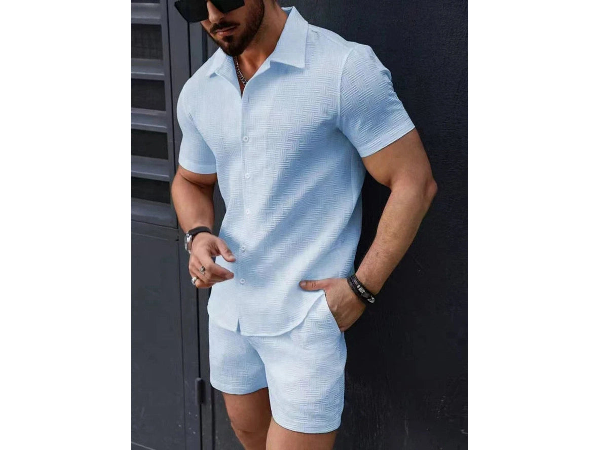 Light blue textured button-down shirt and shorts ensemble