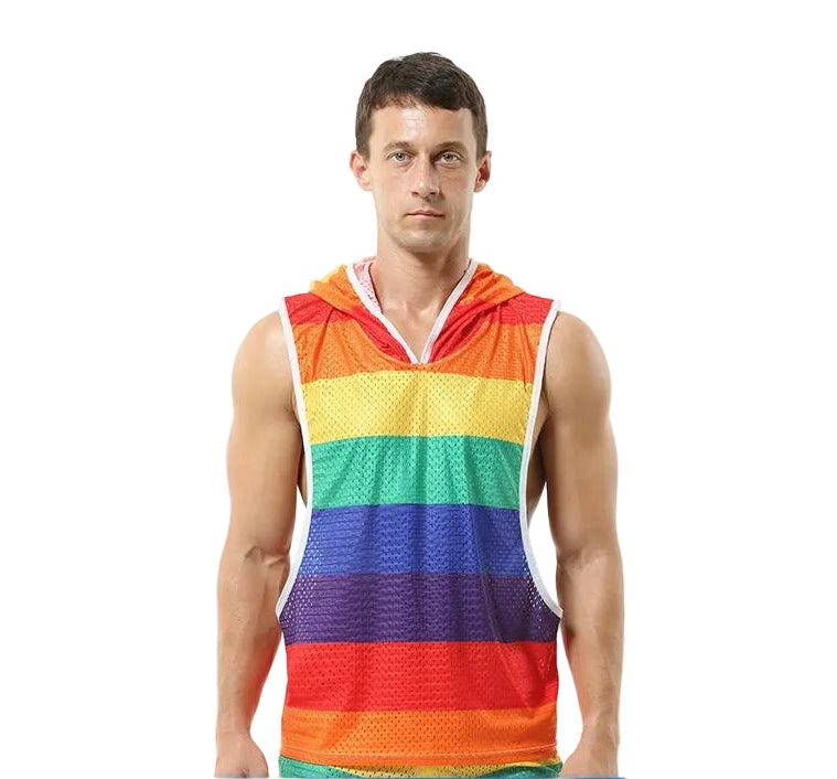 Gay Clubwear | Sleeveless Y-Back Design Mesh Pride Hoodie ( Top Only)