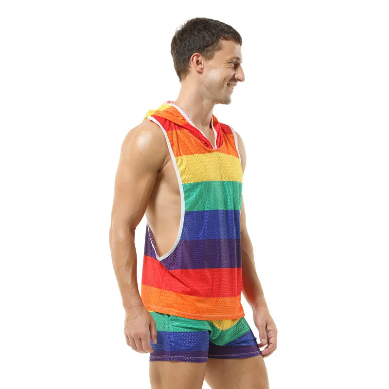 Gay Clubwear | Sleeveless Y-Back Design Mesh Pride Hoodie ( Top Only)