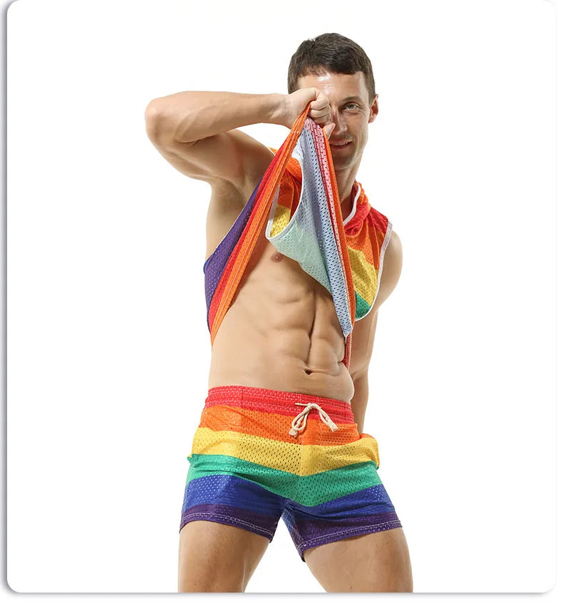 Gay Clubwear | Sleeveless Y-Back Design Mesh Pride Hoodie ( Top Only)