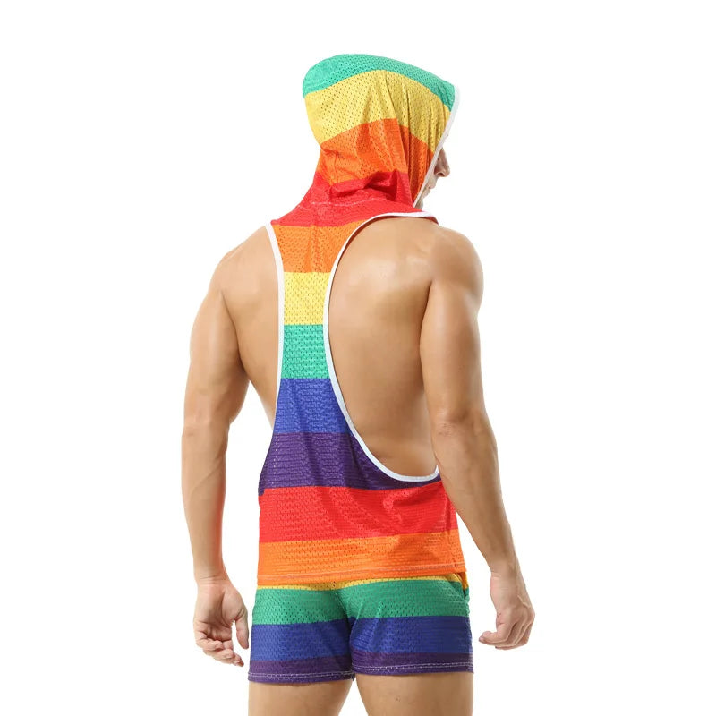 Gay Clubwear | Sleeveless Y-Back Design Mesh Pride Hoodie ( Top Only)