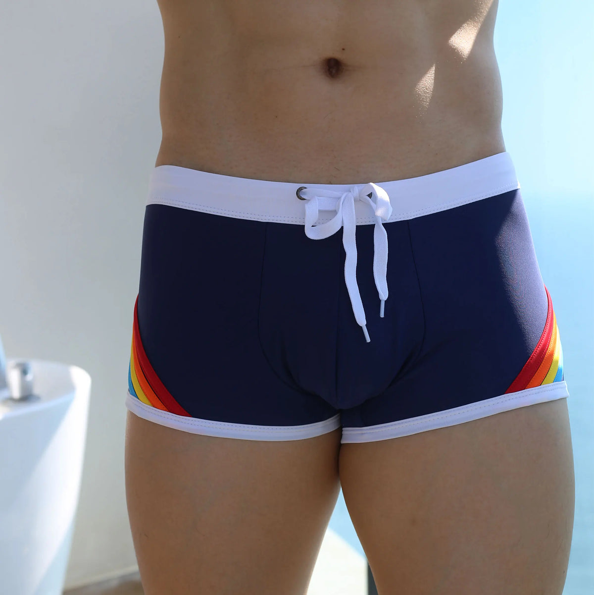 Pride Horizon — UXH Striped Low-Rise Gay Swim Trunks