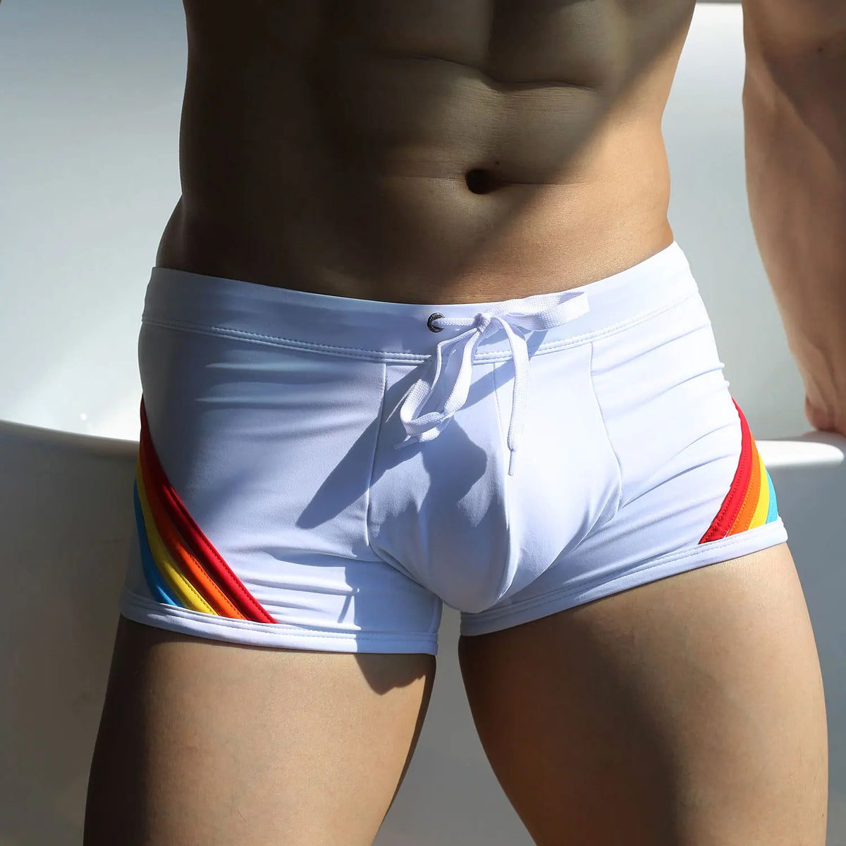 Pride Horizon — UXH Striped Low-Rise Gay Swim Trunks