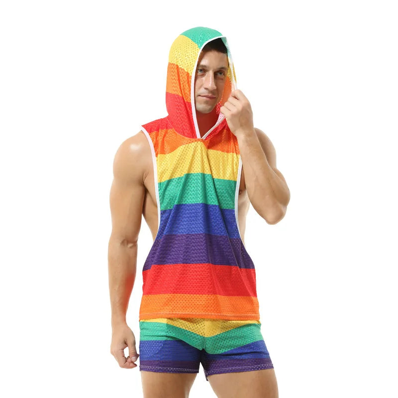 Gay Clubwear | Sleeveless Y-Back Design Mesh Pride Hoodie ( Top Only)