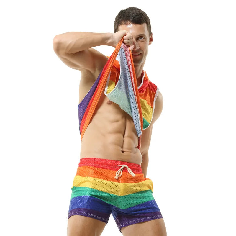 Gay Clubwear | Sleeveless Y-Back Design Mesh Pride Hoodie ( Top Only)