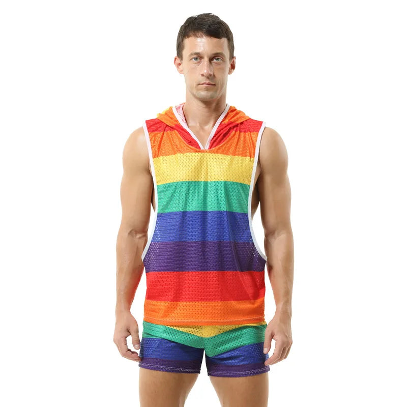 Gay Clubwear | Sleeveless Y-Back Design Mesh Pride Hoodie ( Top Only)