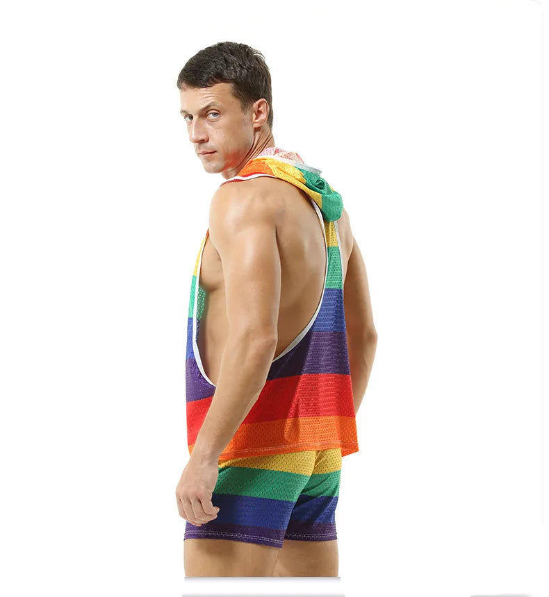 Gay Clubwear | Sleeveless Y-Back Design Mesh Pride Hoodie ( Top Only)