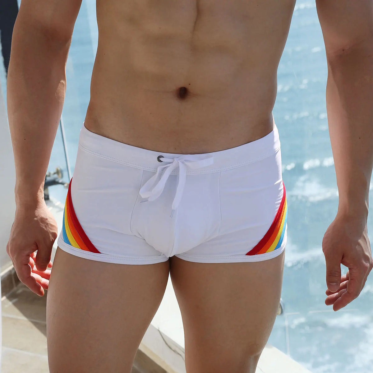 Pride Horizon — UXH Striped Low-Rise Gay Swim Trunks