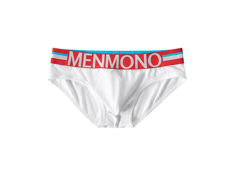 Three pairs of women's briefs by MENMONO are arranged diagonally on a dark surface. The briefs are in red, light blue, and white, each featuring a wide elastic waistband with the brand name 'MENMONO' printed in white, accented with blue, yellow, and navy stripes.