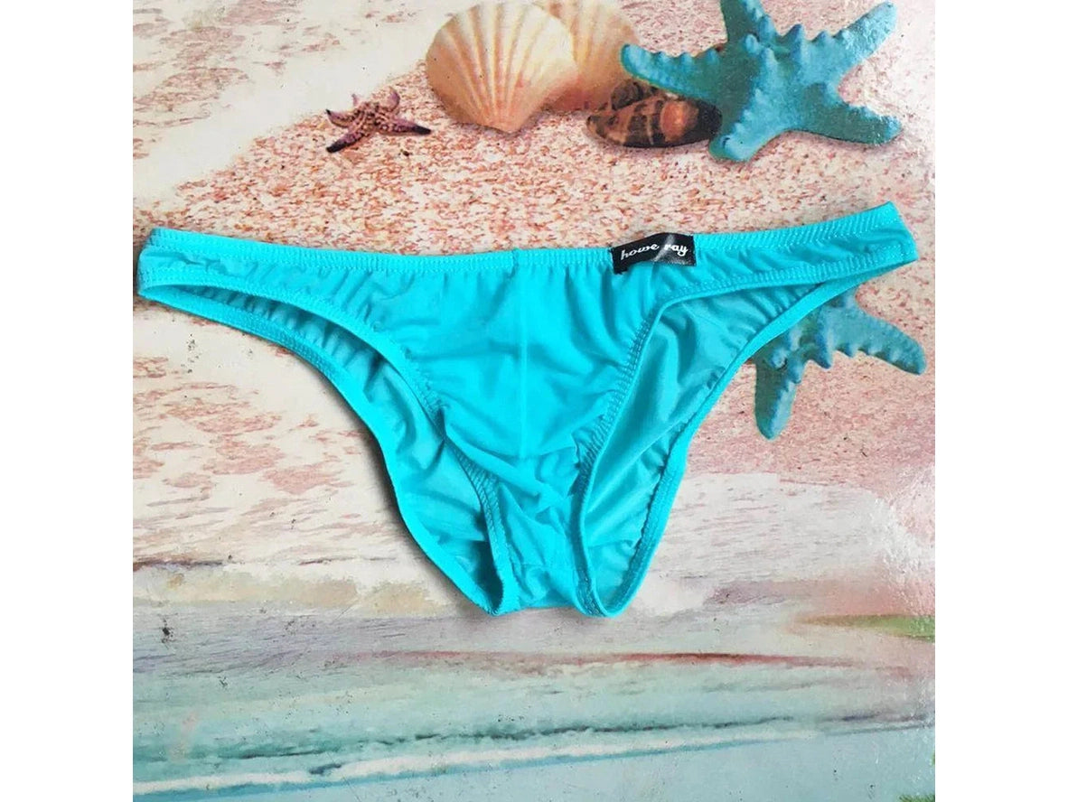 Turquoise low-rise men's brief with U convex pouch and Howe Ray tag