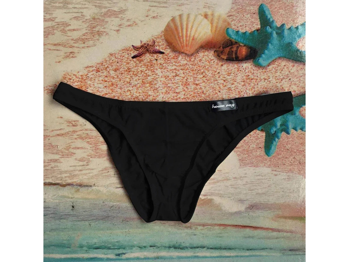 Black low-rise men's brief with U convex pouch and Howe Ray tag