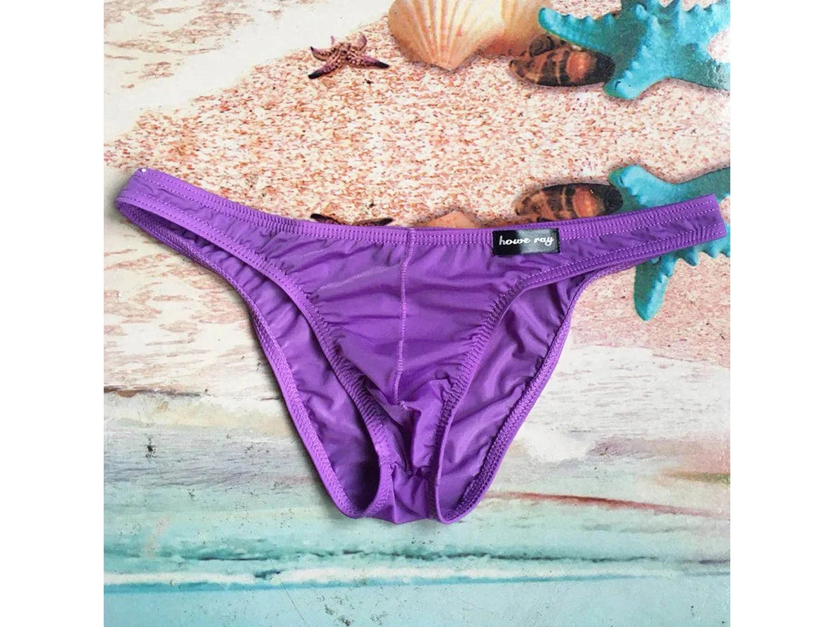 Purple low-rise men's brief with U convex pouch and Howe Ray tag