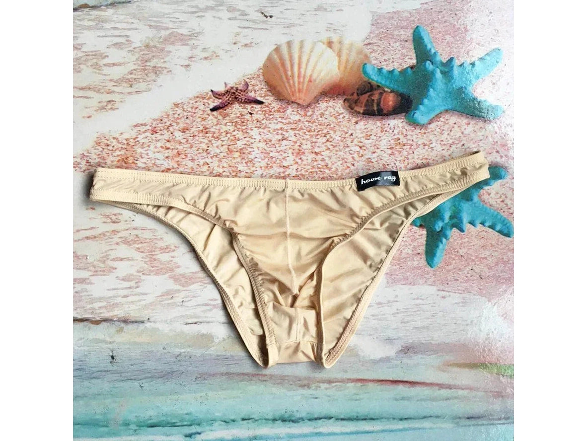 Beige low-rise men's brief with U convex pouch and Howe Ray tag