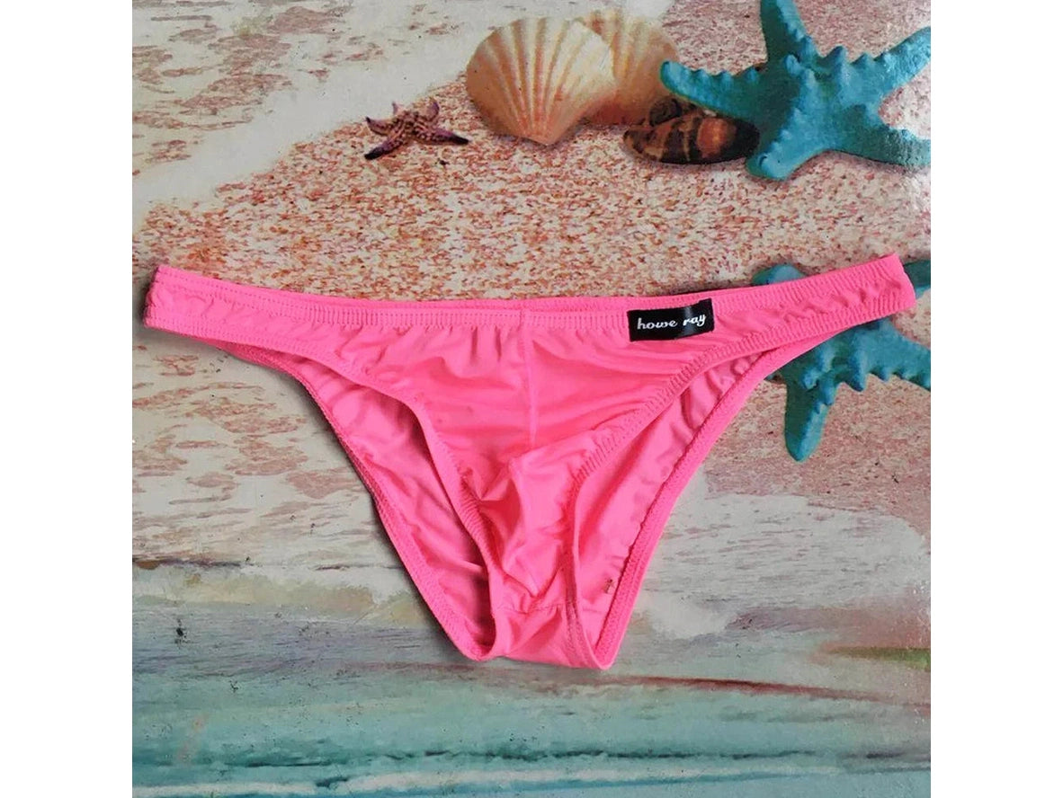 Pink low-rise men's brief showcasing U-shaped convex pouch design