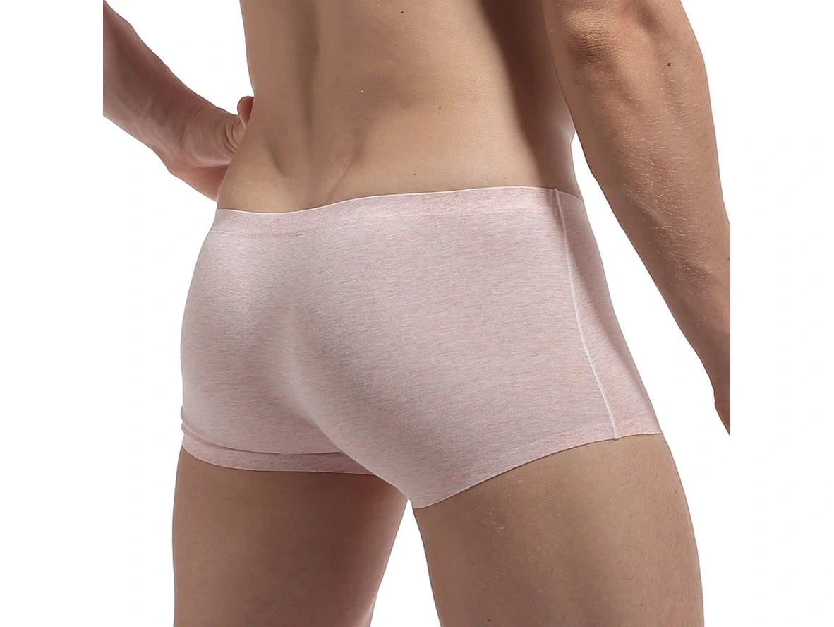 Pale pink heathered seamless boxer briefs rear view showing low-rise flat waistband