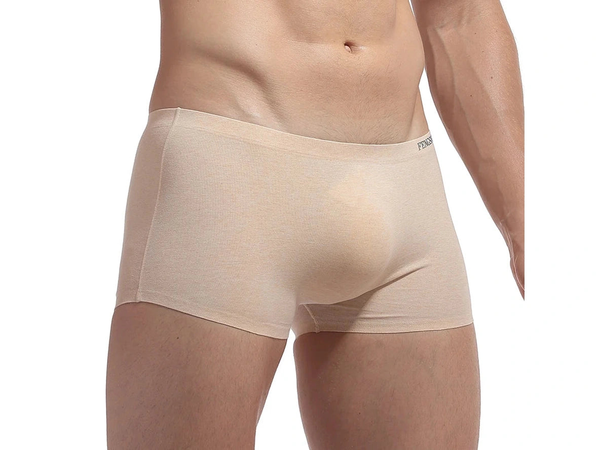Beige seamless low-rise boxer briefs with contoured pouch and FENGSHA logo