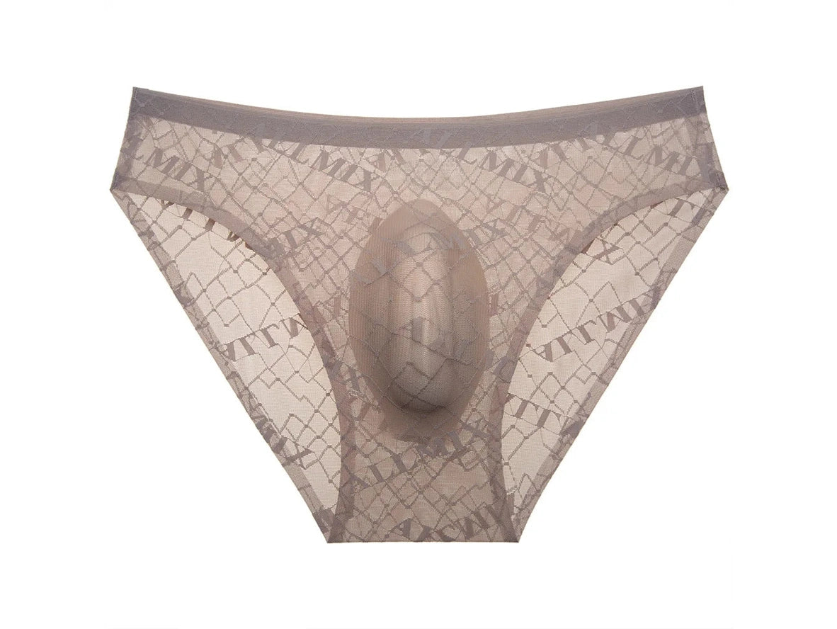 Taupe ALLMIX Jacquard men's briefs featuring fine diamond texture and matching pouch