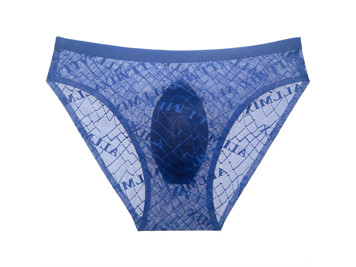 Blue ALLMIX Jacquard men's briefs with diamond mesh pattern and solid pouch