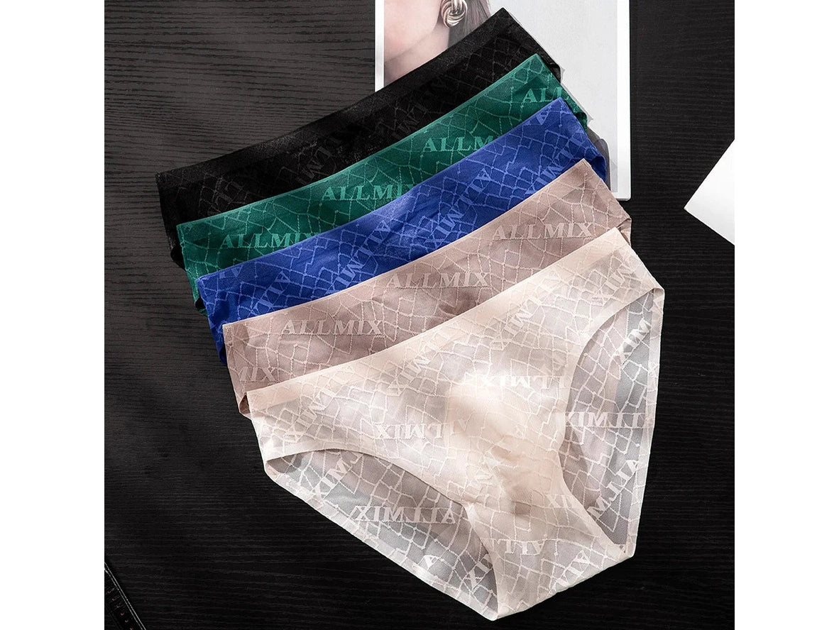 Stacked blue, green, beige, and black ALLMIX Jacquard men's briefs in diamond weave