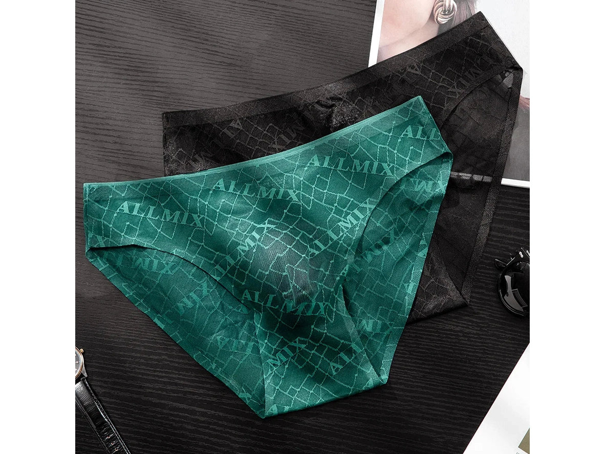 Green and black ALLMIX Jacquard men's briefs on wood with geometric texture