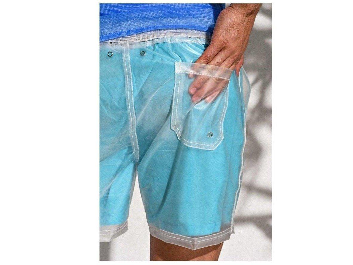 Light blue sheer men's swim shorts showing front pocket detail and side grommets
