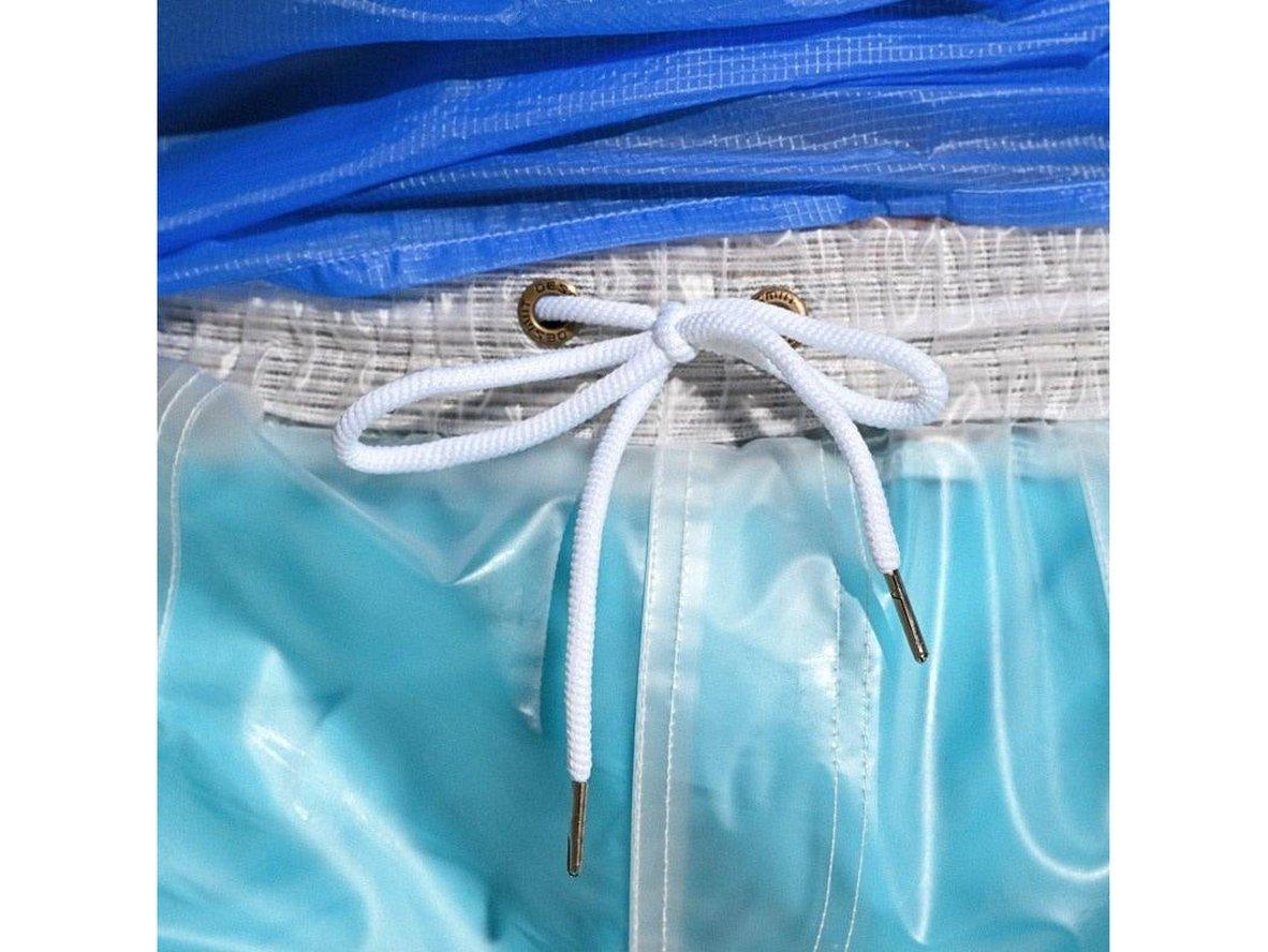 Men's light blue transparent swim trunks with white drawstring and metal aglets