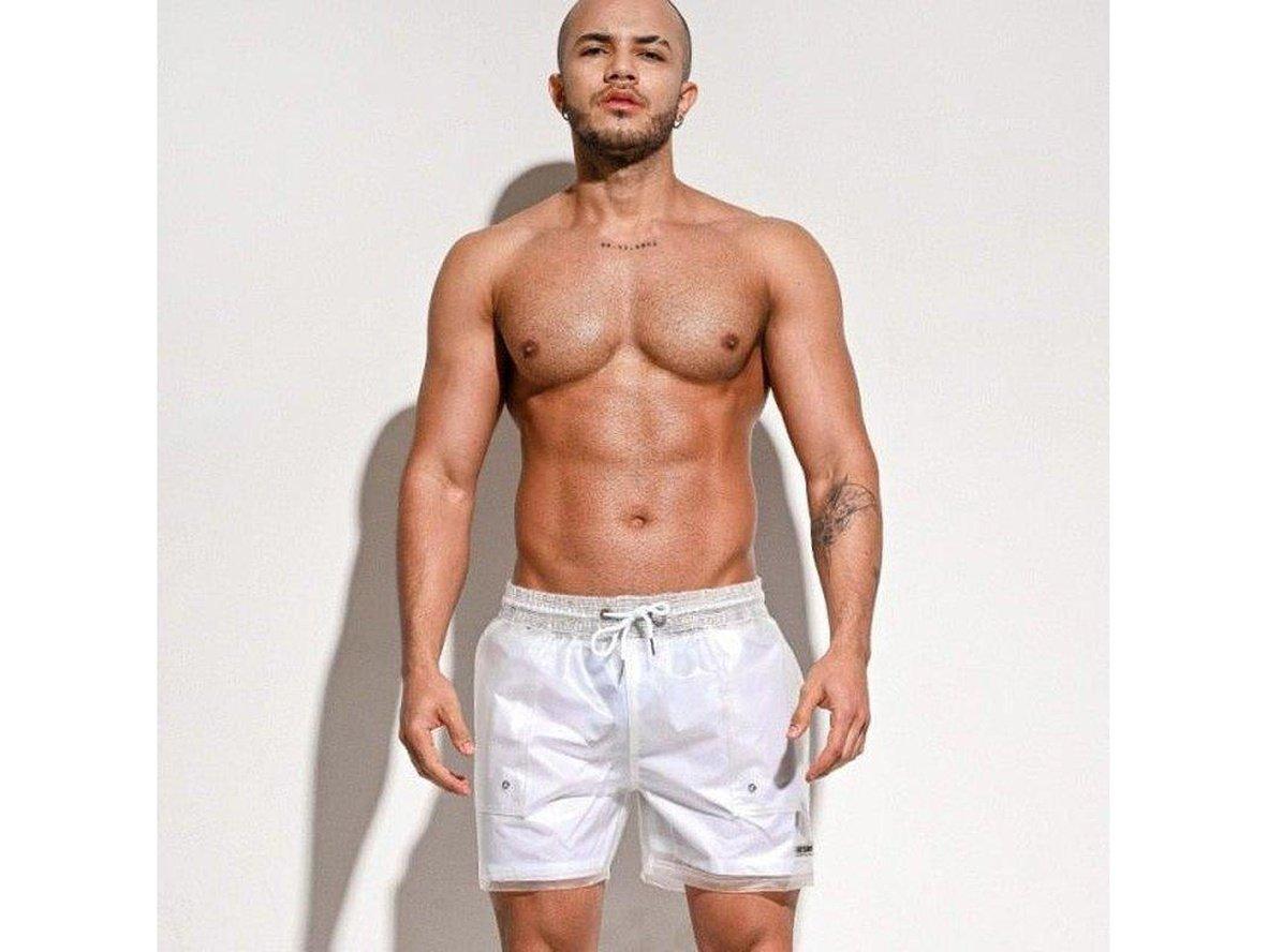 White transparent men's swim trunks with solid lining and metallic pocket details