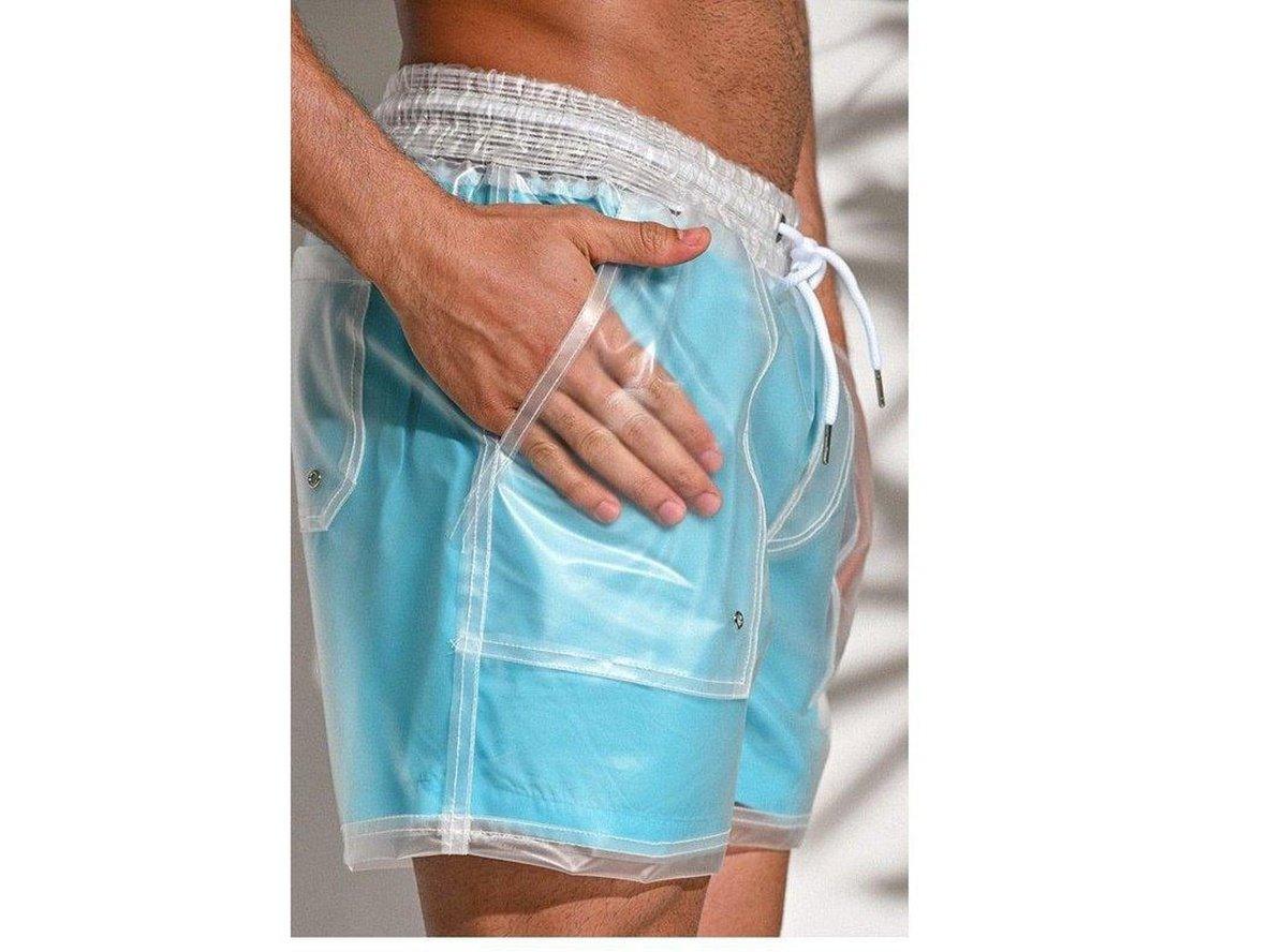 Close-up of light blue sheer swim shorts with snap button pockets and waistband