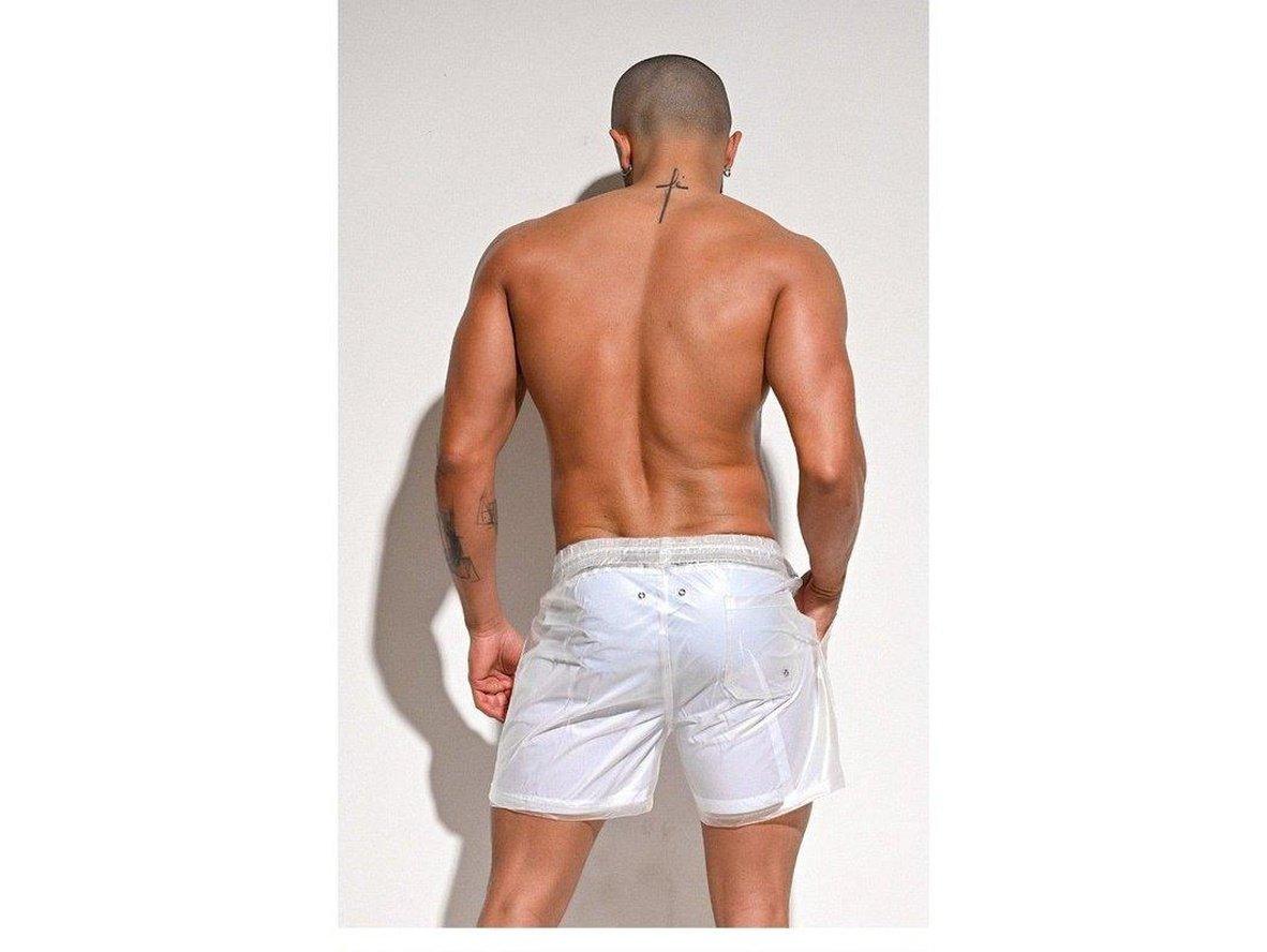 Back view of white sheer swim shorts for men showing rear pockets and seams