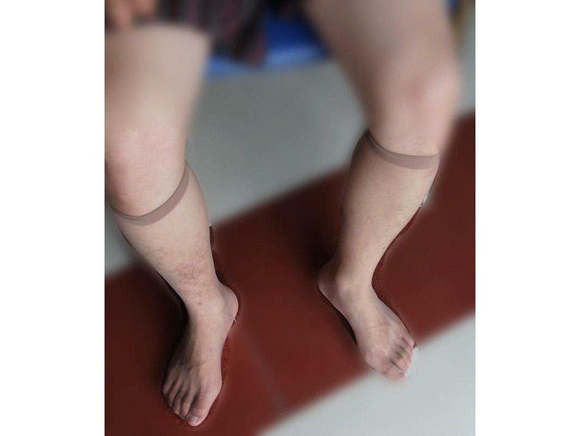 Ultra-thin sheer skin-toned male pantyhose mid-calf fit with opaque knee band