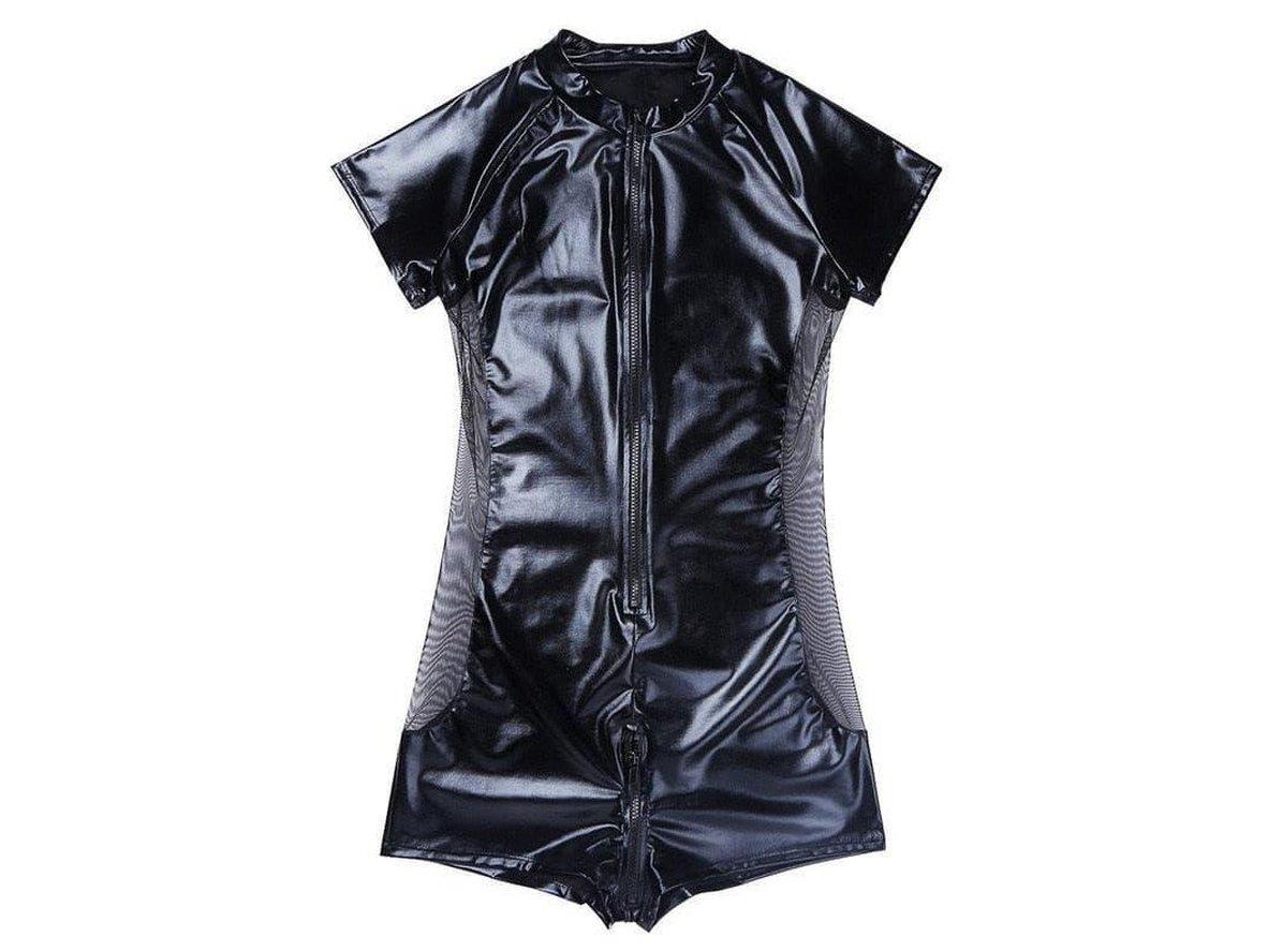 Gay Bodysuits | Clubwear Faux Leather Zipper Short Sleeve Bodysuit