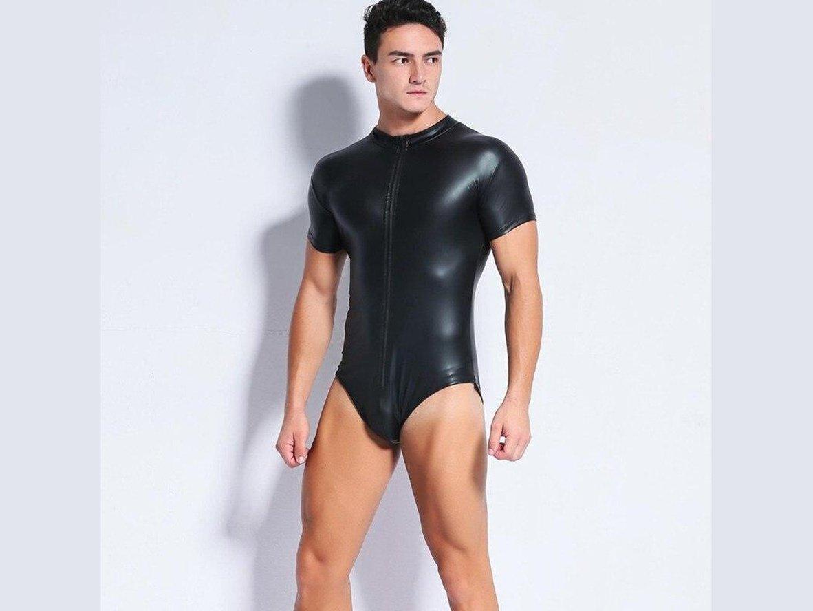 Black glossy synthetic leather bodysuit three-quarter pose low rise