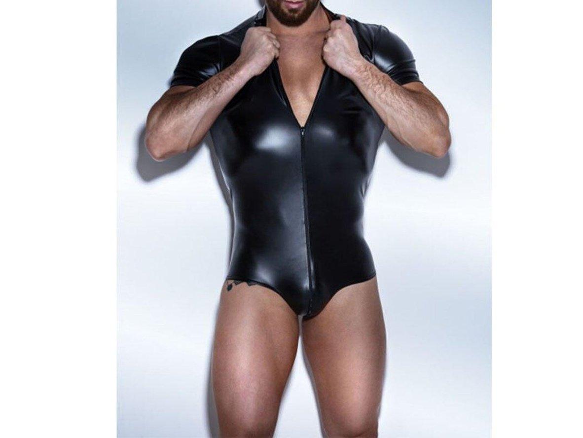 Man opening black faux leather bodysuit to show deep V-neckline