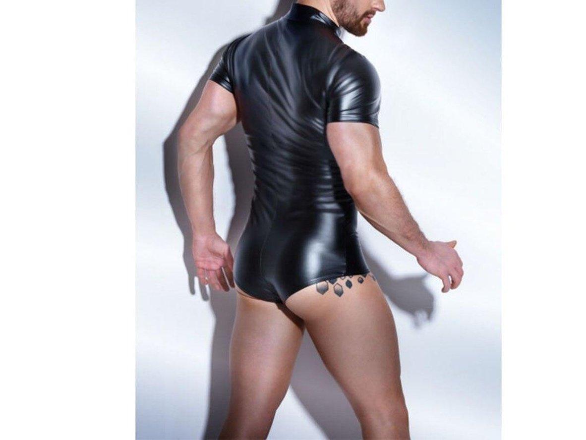 Men's black shiny faux leather bodysuit back view low rise fit