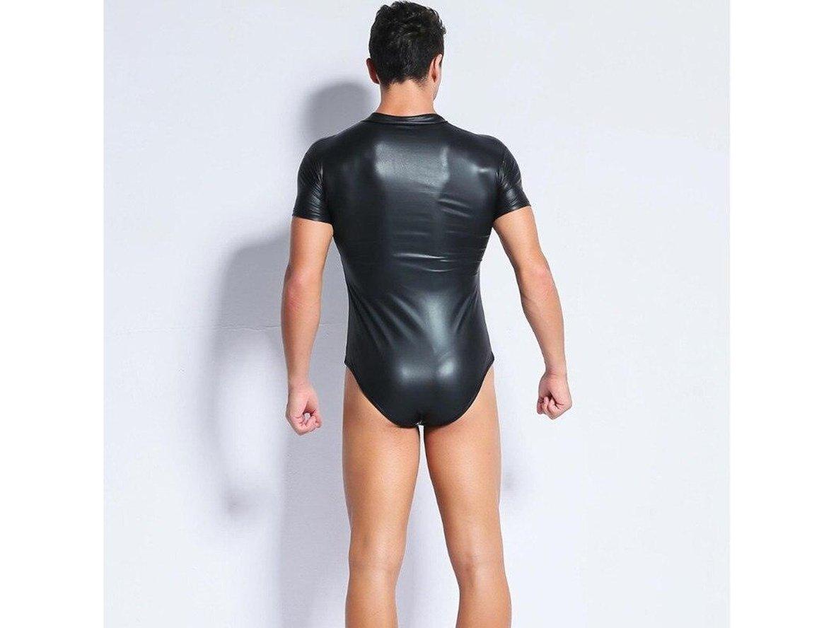 Back view of black short-sleeve faux leather bodysuit on male model