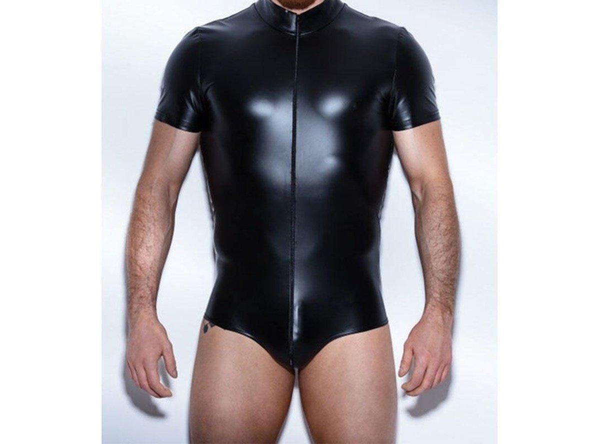 Close-up of black stretchy faux leather bodysuit chest and torso detail