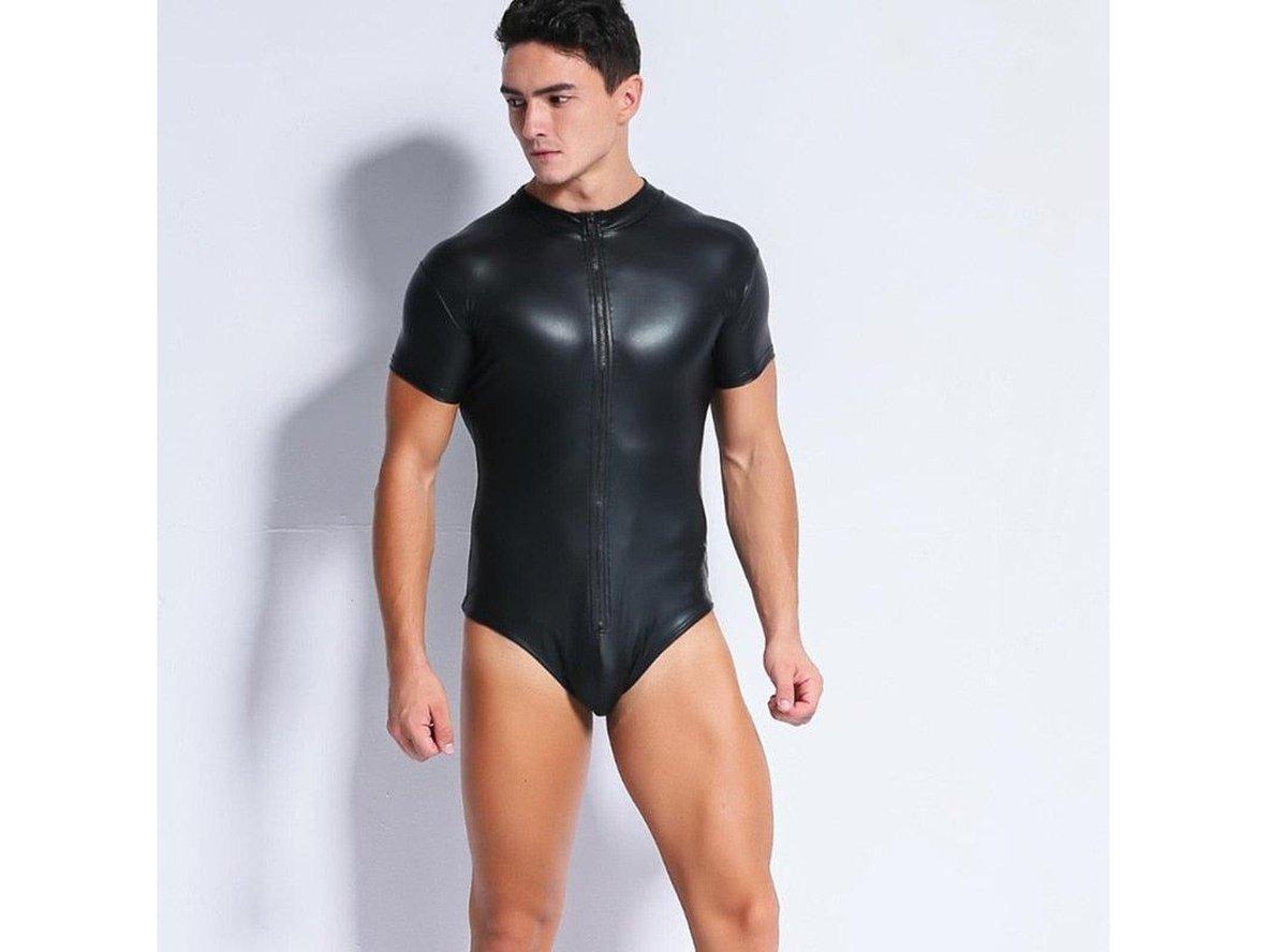 Front view black high-neck faux leather bodysuit with full zipper