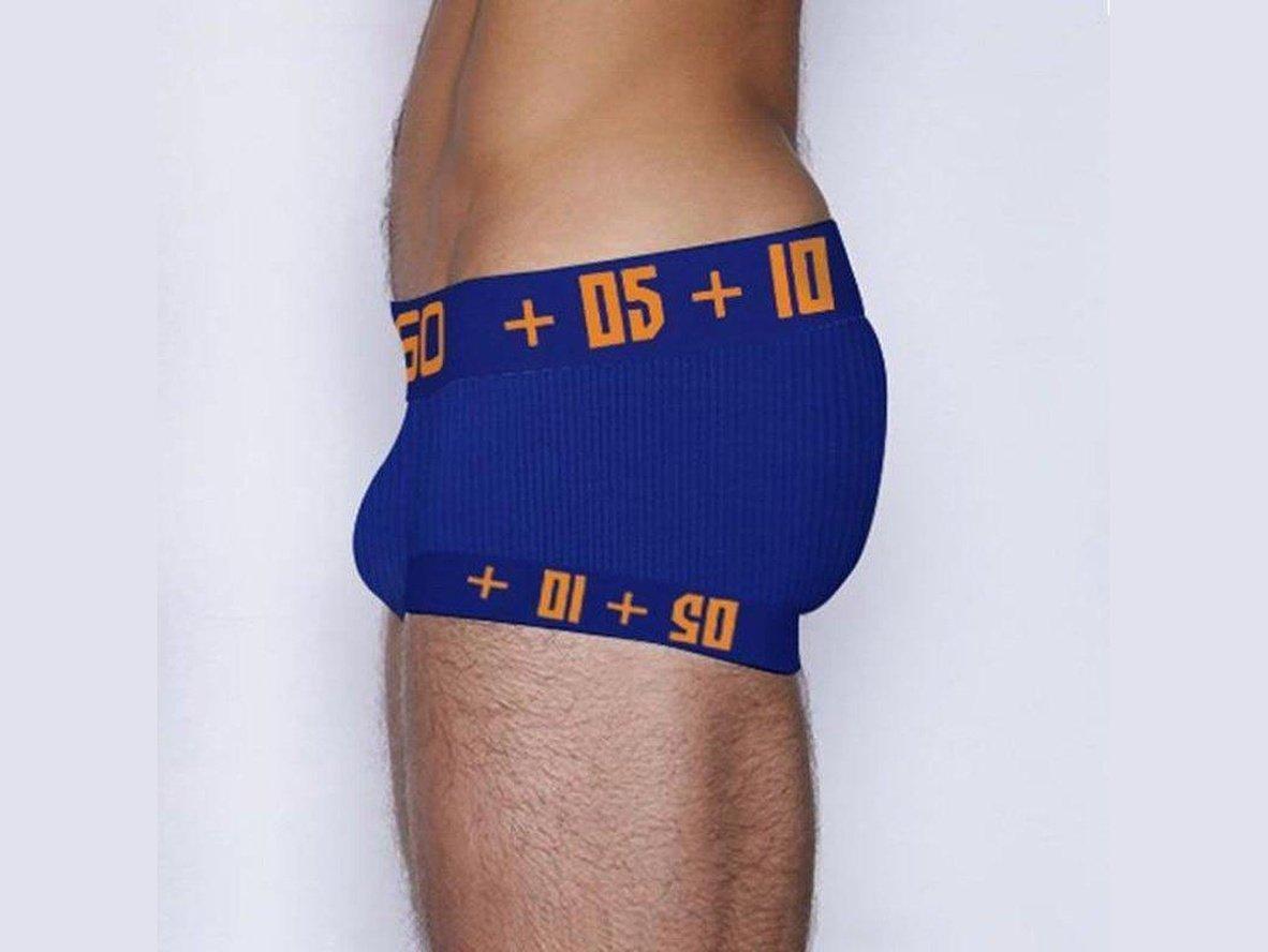 Royal blue ribbed boxer briefs with orange numeric waistband