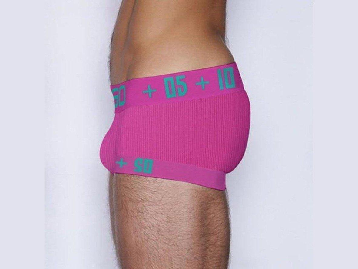 Fuchsia pink ribbed boxer briefs with teal numeric leg band