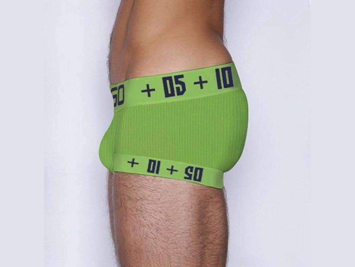 Lime green low-rise boxer briefs with dark blue numeric print