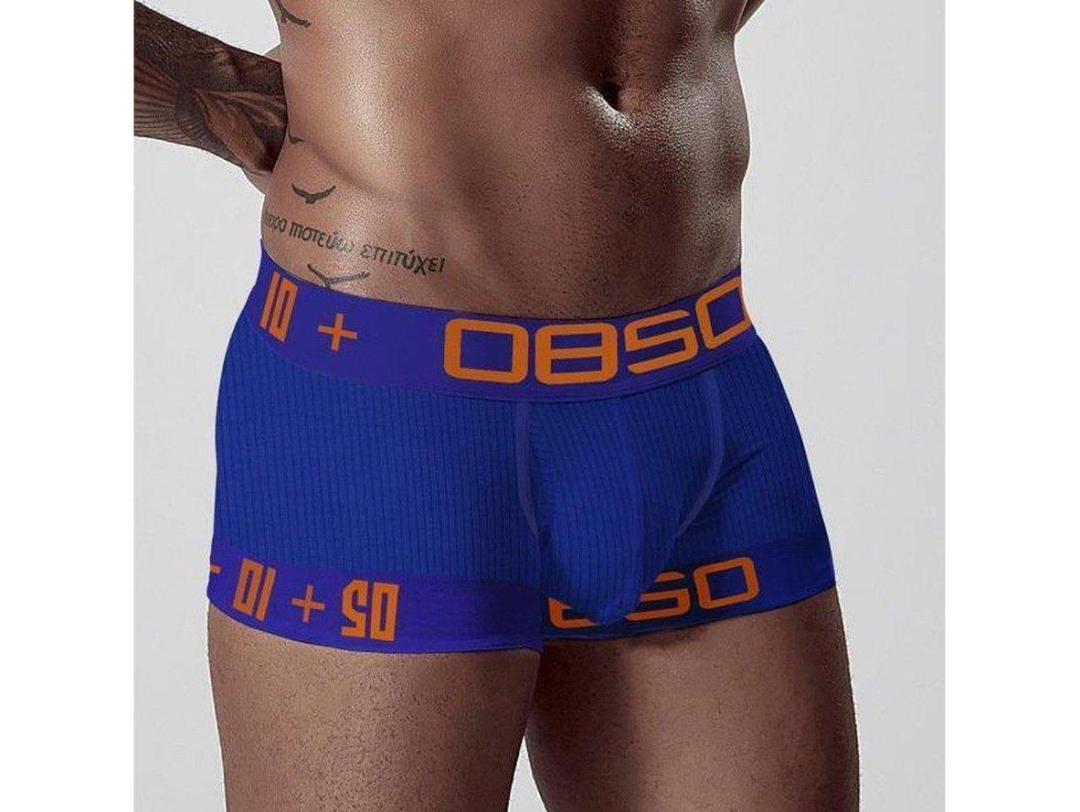 Blue ribbed cotton boxer briefs with orange 0850 branding