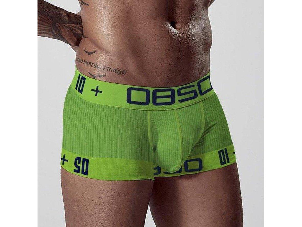 Front view of lime green ribbed boxer briefs with front pouch