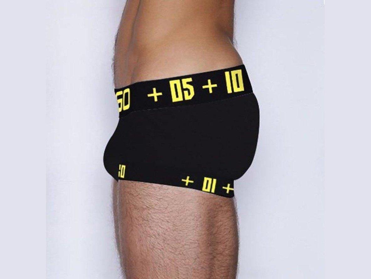 Black low-rise boxer briefs with yellow numeric waistband text