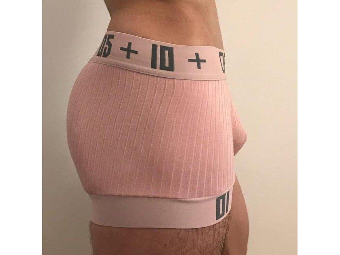 Pink ribbed boxer briefs showing side fit and numeric leg band