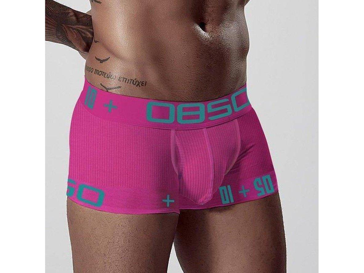 Pink ribbed cotton boxer briefs with teal 0850 branding
