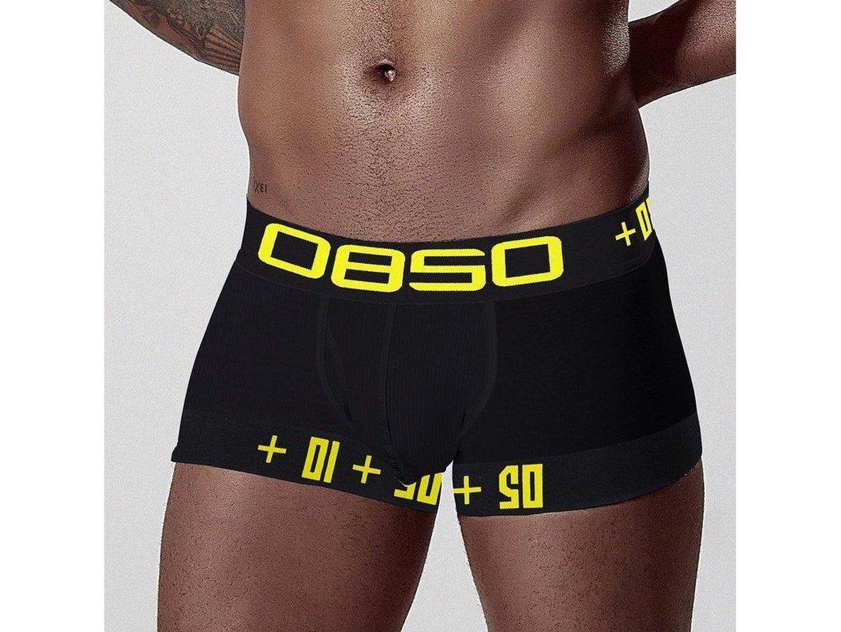 Black ribbed cotton boxer briefs with yellow 0850 waistband text