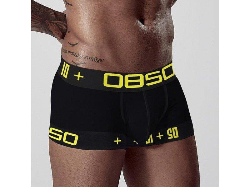 Black low-rise boxer briefs featuring bold yellow 0850 text